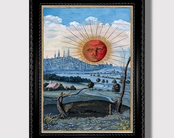 Red Alchemical Sun over Medieval City – Hermetic Occult Print, Symbolic Esoteric Landscape, Vintage Alchemy Poster for Dark Academia Room
