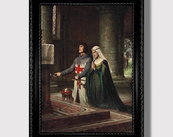 La Dedicación: Lámina artística de caballero y doncella románticos, póster de caballería medieval, decoración mural prerrafaelita