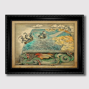 Fantasy Illustration der flachen Erde – Surreale kartographische Illustration, Mystische Welt Illustration, Wanddeko im Vintage Stil