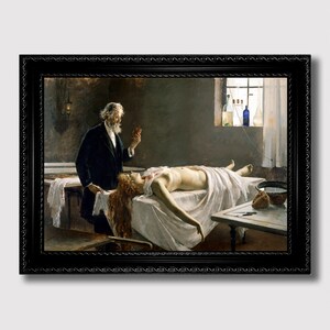 May include: A painting depicting a man holding a heart in his hand, standing over a woman lying on a table. The woman is nude and has a wound on her chest. The painting is set in a room with a window and a table with a bowl of water and a knife.