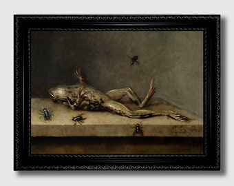 May include: A still life painting of a dead frog with flies around it. The frog is lying on a table with its legs outstretched. The flies are flying around the frog and some are landing on it. The painting is in a dark brown frame.