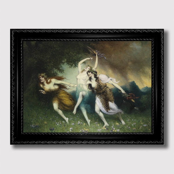 Fleeing Nymphs. Nature Deities Running and Dancing. Fine Art Print with Naked Woman.