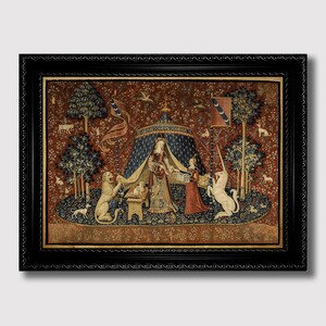 Damen med en enhörning och ett lejon – Vintage Fantasy Art Print, Förtrollad Väggbonad, Reproduktion