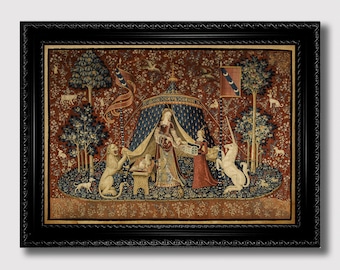 The Lady with a Unicorn and a Lion – Vintage Fantasy Art Print, Enchanted Wall Hanging, Reproduction