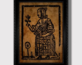 Witch Holding a Flower – Antique Woodcut Style Print, Dark Folk Magic Illustration,  Witchcore Wall Decor