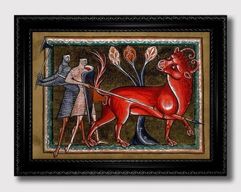 Medieval Gothic Print of Armored Knights Slaying Red Beast – Bestiary-Inspired Fantasy Illustration