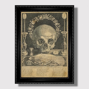 Simboli della morte: teschio, candele e scheletro, stampa d'arte macabra vintage, decorazione murale macabra, poster gotico Memento Mori