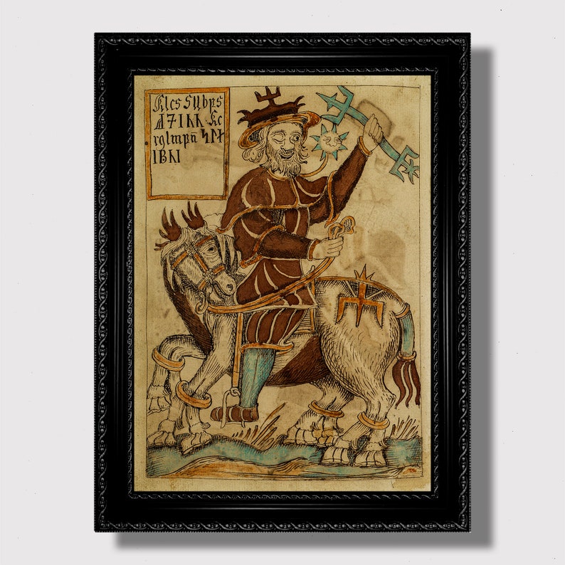 Historical Norse manuscript image of Odin on Sleipnir with old text and aged paper look.
