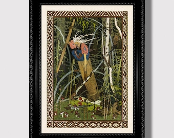 Baba Yaga Flying in Mortar – Mysterious Slavic Witch, Dark Fairy Tale Art, Pagan Wall Reproduction, Witchy Home Decor Gift for Magic Lovers