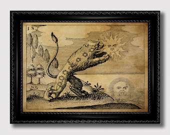 Lion alchimique dévorant le soleil - Illustration du symbole de Rosarium philosophorum, impression mystique pour intérieurs occultes