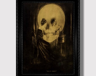 Todo es vanidad: impresión artística de calavera con ilusión óptica, decoración de pared Memento Mori, estética vintage oscura, regalo gótico para interiores macabros.