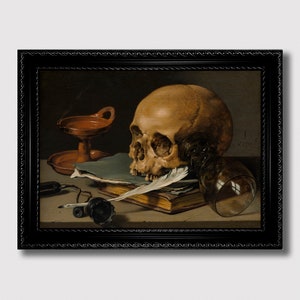 Nature morte avec crâne humain et plume - Art mural esthétique sombre, cadeau Dark Academia, impression d'illustration de tête morte Memento Mori