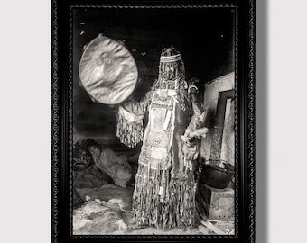 Siberian Shaman with Drum – Vintage Ethnographic Ritual Photo Print, Tribal Mysticism Wall Decor, Ethno Spiritual Folk Art Poster