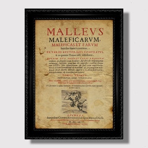 May include: A vintage book cover with the title "Malleus Maleficarum, Maleficas et Earum" in a black frame. The cover is yellowed with age and features a black and white illustration of a demon.