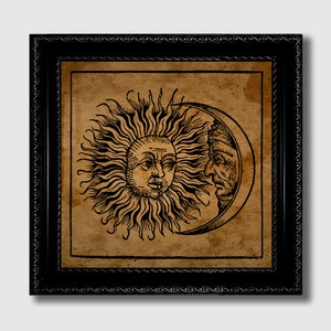 Medieval Sun and Moon Print – Celestial Gothic Wall Decor, Esoteric Solar Lunar Art, Occult Home Decoration, Alchemy-Inspired Mystical Gift