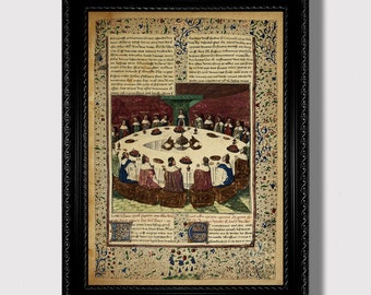 Mesa Redonda del Rey Arturo – Lámina de arte medieval, decoración del hogar de Camelot, ritual caballeresco, reunión de Pentecostés, póster de leyenda caballeresca