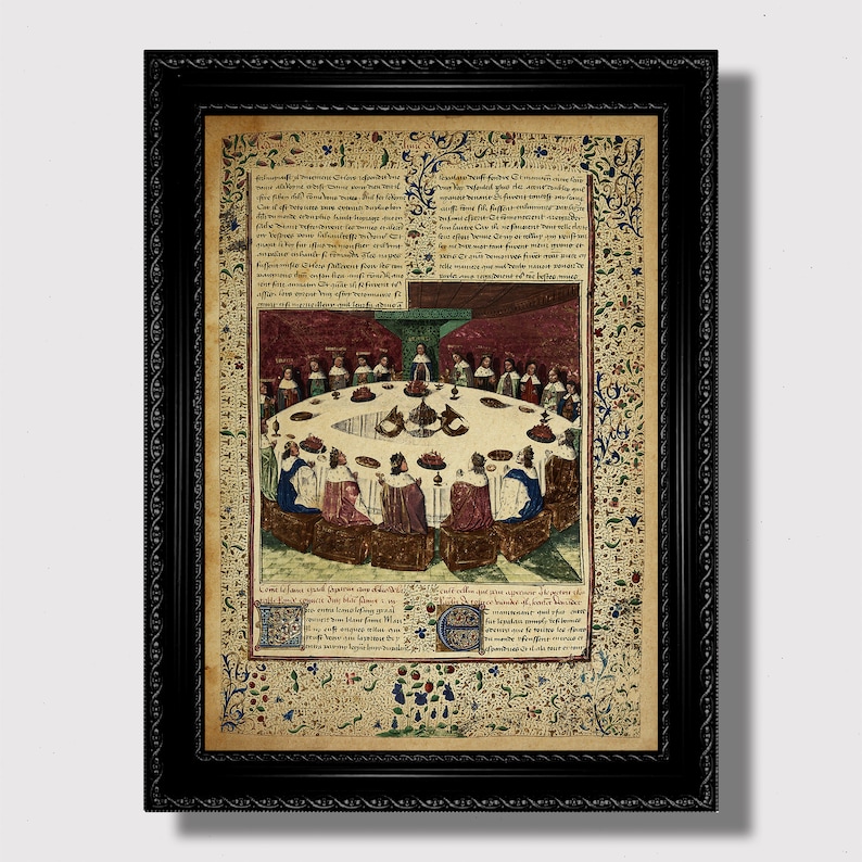 Medieval illuminated manuscript style illustration of King Arthur’s Round Table: knights seated around a large round table during a feast or gathering, framed by ornate floral and foliate borders with handwritten text above and below, in warm aged parchment tones.