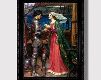 Op de afbeelding: Een schilderij van een ridder in harnas die een beker aanbiedt aan een vrouw in een rode en groene jurk. De scène speelt zich af op een schip met uitzicht op een ver weg gelegen kasteel.
