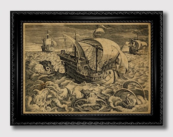 Barco medieval y monstruos marinos: lámina vintage de terror oceánico, arte náutico con criaturas míticas, decoración folclórica marina