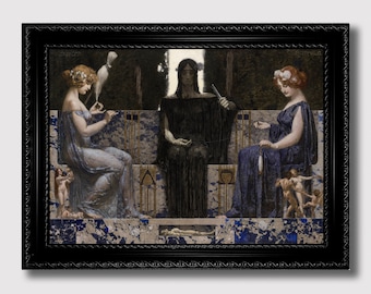 The Three Fates – Greek Mythology Art Print, Moirai Wall Poster, Dark Academia Decor, Ancient Destiny Sisters Illustration