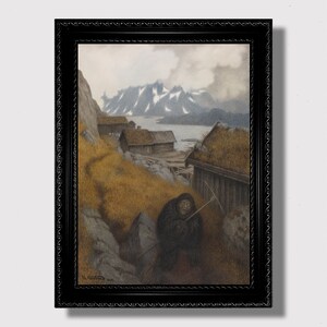 May include: A painting depicting a lone figure in a dark hooded cloak standing in a snowy landscape. The figure is holding a long, thin stick. In the background, there are several small wooden houses with thatched roofs. The sky is overcast and the air is thick with snow.