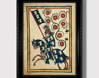 Medieval Knight on Horseback – Codex Manesse Art Print, Illuminated Manuscript Wall Decor, Chivalric Gothic Home Decoration