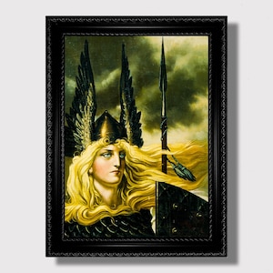 Blonde Valkyrie in Armor – Norse Myth Wall Decor, Magic Warrior Woman Illustration, Viking Goddess Print, Feminine Power Home Art
