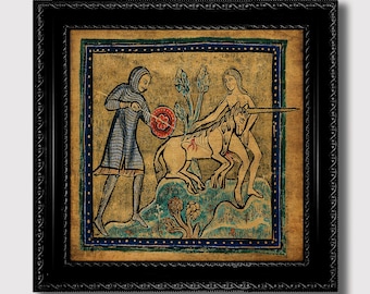 Virgin and Knight Slaying a Unicorn – Medieval Bestiary Manuscript Art Print, Gothic Mythology Wall Decor