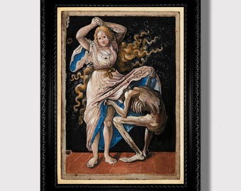 Death and the Maiden – Gothic Medieval Art Print, Memento Mori Wall Decor, Dark Romantic Poster