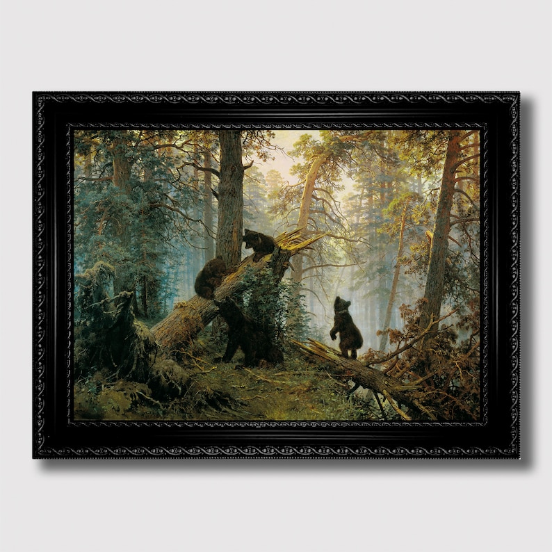 A painting of a forest scene with three bears. The bears are standing on a fallen tree trunk and looking up at the sky. The forest is filled with tall trees and green foliage. The sun is shining through the trees, creating a warm and inviting atmosphere.