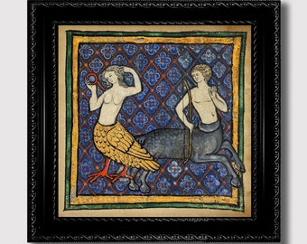 Centaur and Siren – Illuminated Manuscript Print, Medieval Beast Illustration, Whimsical Gothic Wall Decor Gift