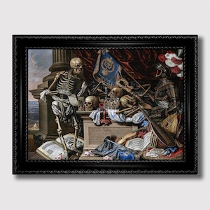Vanitas Still Life with Skull, Skeleton, Armour & Music – Memento Mori Wall Art, Dark Academia Decor, Unusual Gothic Gift Print