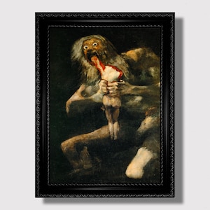 Puede incluir: Una pintura que representa una figura grotesca con una gran boca, consumiendo una figura más pequeña. La figura más grande tiene una larga barba blanca y está pintada en tonos marrones y grises. La figura más pequeña está pintada en tonos blancos y rojos.