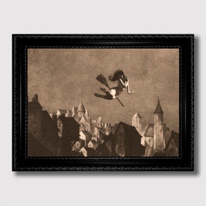 May include: A sepia-toned illustration of a woman flying on a broomstick over a medieval town. The woman is wearing a long dress and has long hair. The town is made up of buildings with pointed roofs and towers.