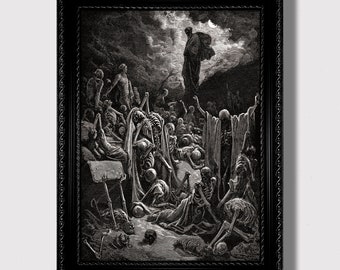 Tal der trockenen Knochen - Gustave Doré Biblischer Kunstdruck, Auferstehung der Toten, Skelette Illustration, Dunkles Memento Mori Wanddekor