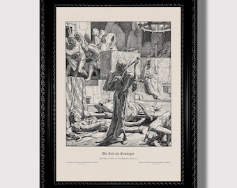 May include: A black and white illustration of Death as a conqueror, depicted as a skeletal figure in a hooded robe, standing over a group of fallen figures. The image is titled "Der Tod als Eroberer" (Death as Conqueror).