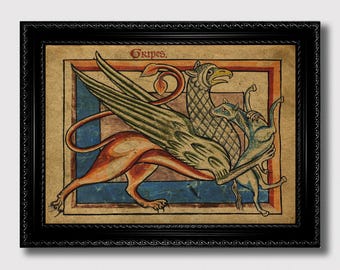 Mythical Griffin Print from Medieval Bestiary – Antique Gothic Wall Art of Gripes, Fantasy Creature Illustration