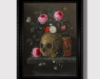 Vanitas Still Life with Skull, Hourglass & Wilting Flowers – Memento Mori Art Print, Baroque Death Symbolism