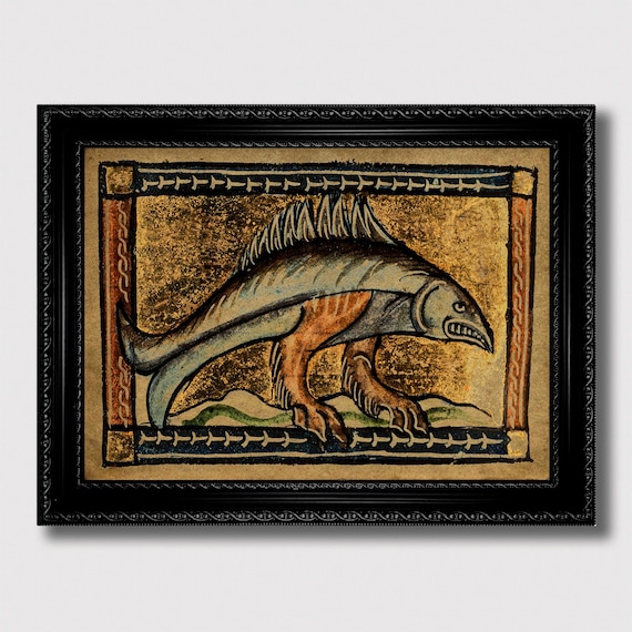 A medieval bestiary-style art print of a fish with legs rendered in genuine illuminated manuscript aesthetic — nerdy, beautiful, and cheap.