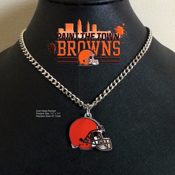 LARGE Cleveland BROWNS Necklace Stainless Steel Chain - Choose Your Length - NEW Football Helmet Pendant Sports Jewelry Dawg Pound Free Ship