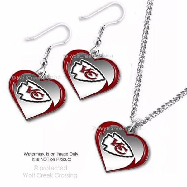 NEW! Love Kansas City CHIEFS Necklace & Earrings Jewelry Set Stainless Steel Chain Gift Mom, Sister, Daughter, Girlfriend Heart Football