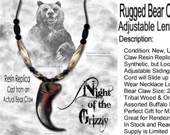 Rugged Bear Claw Necklace Carved Buffalo Bone Beads Adjustable Grizzly Beast Jewelry - Mountain Man Rendezvous Pow Wows #G3 - Free Shipping