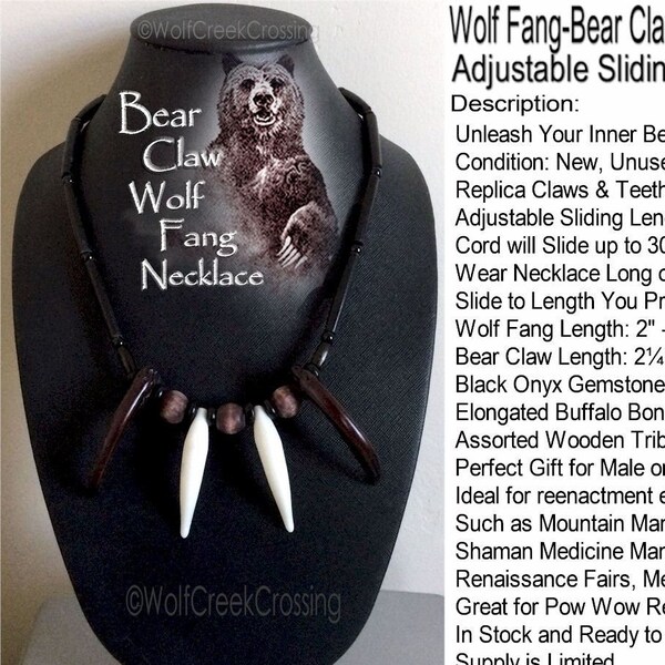 Embrace the Call of the Wild-Wolf Fang Bear Claw Necklace 30 Inch - Mountain Man Rendezvous Native Tribal Buffalo Bone Beads-Rugged Jewelry