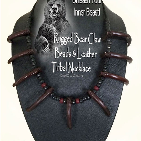 NEW Design-LARGER Claws! Beastly Rugged Bear Claw Necklace-CHOOSE your Color-Indian Style Tribal Lakota Crow Beads 32" Leather Free Ship