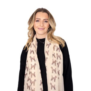 Poodle hand printed fashion scarf, printed by us in the UK, Toy poodle puppy dog show scarf supplied in a personalised gift box