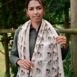 Pug dog breed hand printed fashion scarf, printed by us in the UK, puppy dog show scarf supplied in a personalised gift box