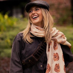 Pomeranian toy dog hand printed fashion scarf, printed by us in the UK, puppy dog breed show scarf in personalised gift box, dog lover gift