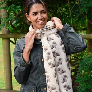 Pomeranian toy dog hand printed fashion scarf, printed by us in the UK, puppy dog breed show scarf supplied in a personalised gift box