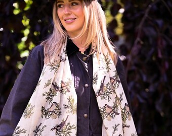 Bird print Scarf Hand Printed in UK, Cute gift for animal lovers, supplied in a Personalised Gift Box, Birds on a scarf