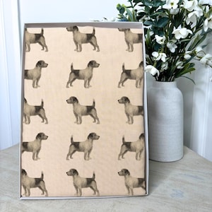 Jack Russell Terrier hand printed fashion scarf, printed by us in the UK, puppy dog show scarf supplied in a personalised gift box